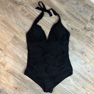 Flattering Black Halter Top Ruffle One Piece Sexy Swimsuit